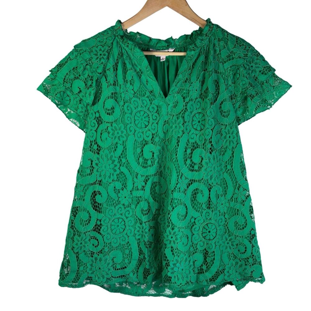 Nanette Lepore Top Lace Green XL Flutter Sleeve V-Neck Fully Lined